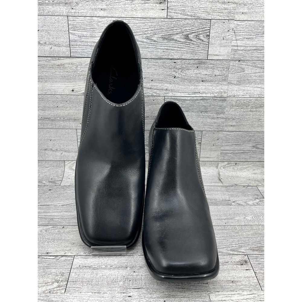 Clarks Women Black Leather‎ Square Toe Block Heel Ankle Booties Shoes 7.5M